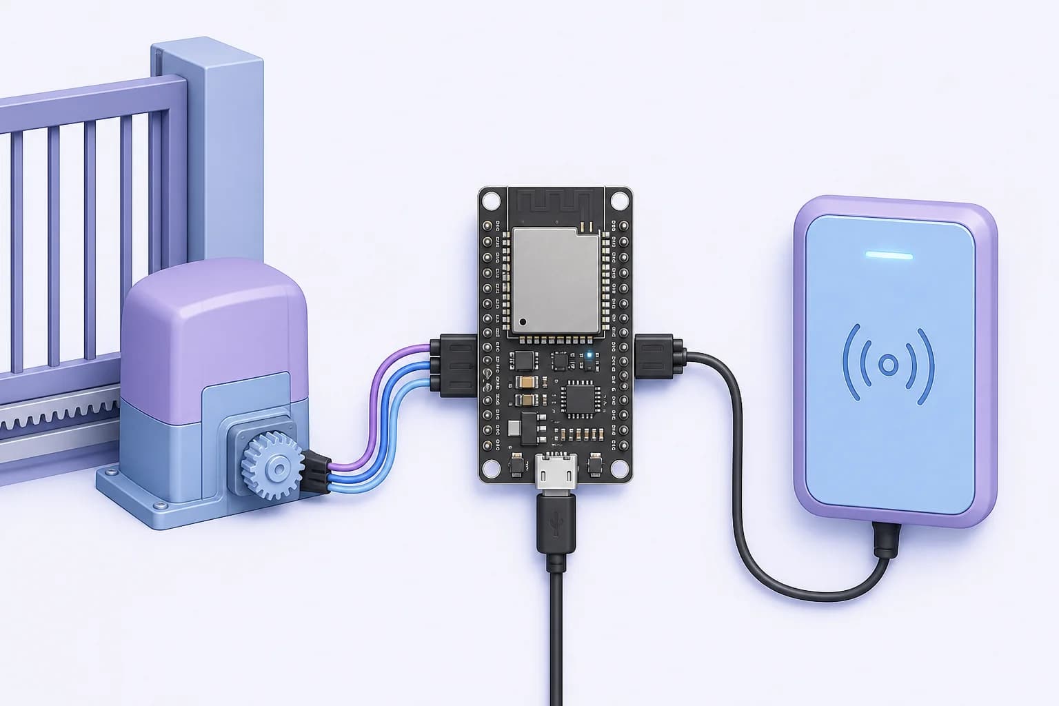 Hardware IoT conectado a portón y lector de acceso