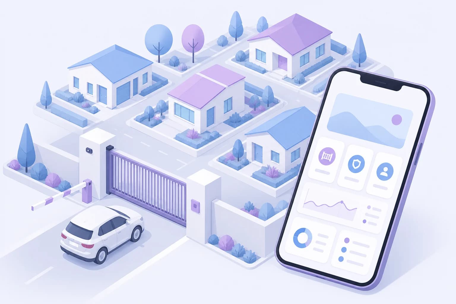Ilustración de gestión de consorcio o barrio con accesos y app